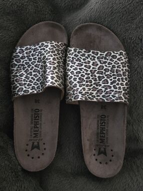 Mephisto Leopard Slide Sandals in Brown and Beige
